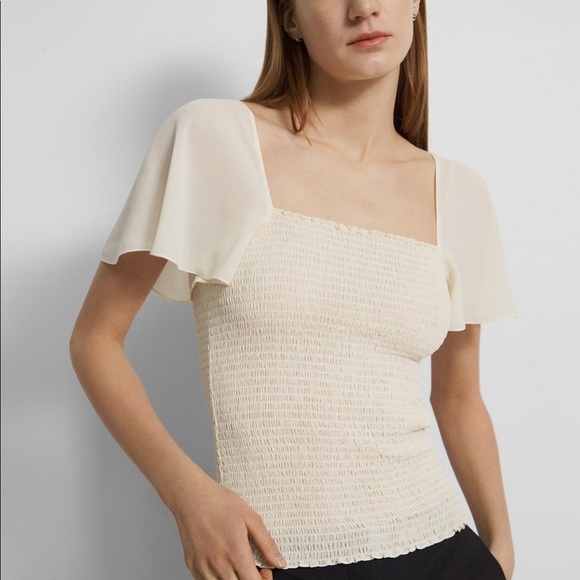 Theory Smocked Short-Sleeve Top in Recycled Sheer Georgette Size Small - Picture 1 of 11